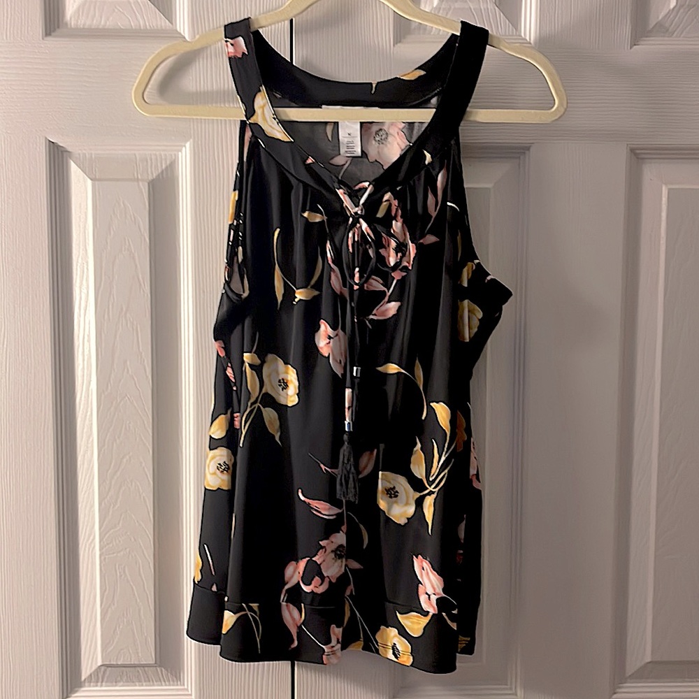 WHBM black floral sleeveless blouse